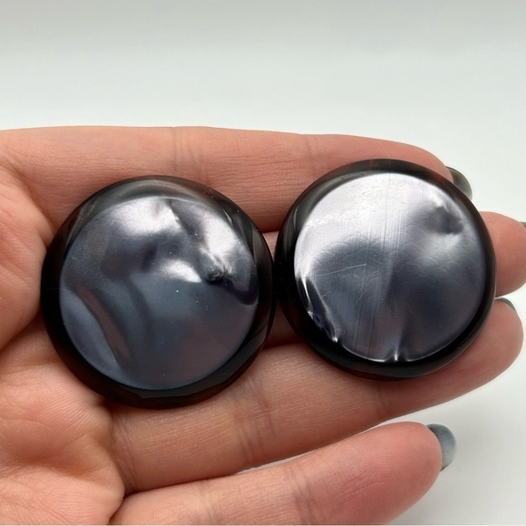 Vintage 80s Statement Purple Shiny Metallic Pierced Stud Earrings Acrylic Brown - Picture 3 of 9